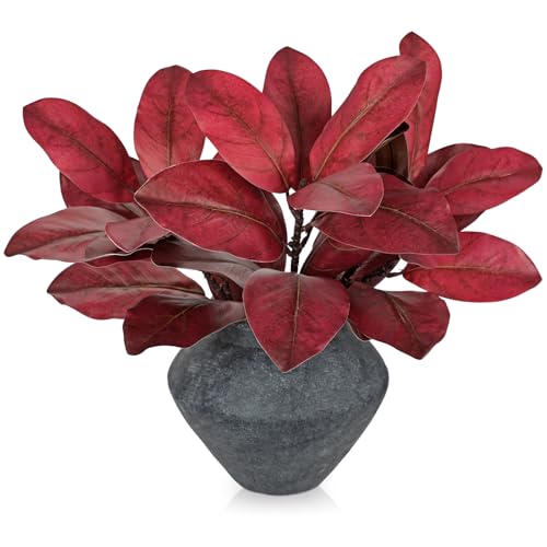 Briful Artificial Magnolia Leaves Stems 3 Pack 22in Red Fake Magnolia Branches for Vase Fall Leaves Stems for Home Room Arrangements Centerpieces Thanksgiving Décor (Vase Not Included) - color: Red