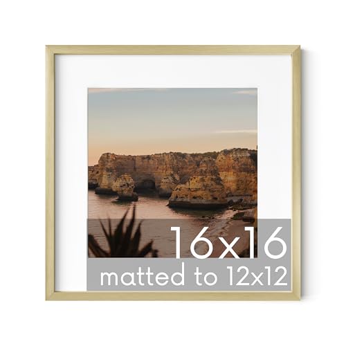 HAUS AND HUES 16x16 Gold Metal Picture Frame Matted to 12x12 - Features Premium Aluminum & Hanging Hardware, Shatterproof Plexiglass - Ideal for Home, Office (16x16 in, Gold, Set of 1) - color: Gold Metal, size: 16x16 in, style: Set of 01