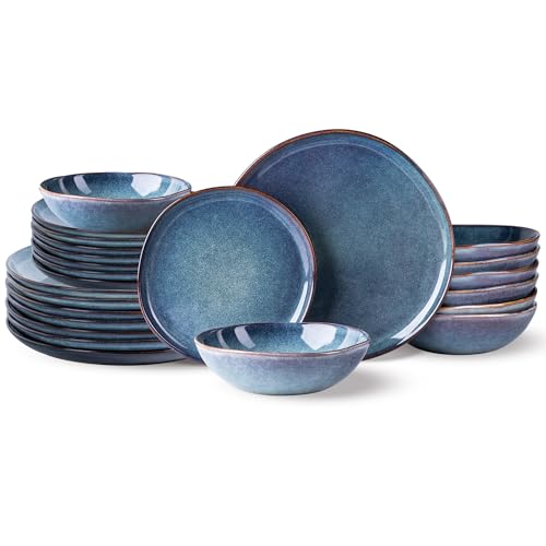AmorArc Ceramic Dinnerware Sets for 8, 24Pcs Plates and Bowls Sets Dishes | Stoneware Handmade Reactive Glaze Dinner Set, Highly Scratch Resistant | Dishwasher & Microwave Safe Dishware - color: Ceylon Blue, size: Service for 8(24Pcs)