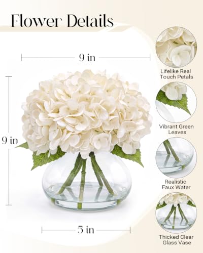 Hydrangea Artificial Flowers with Vase, Real Touch Latex, White | Lifelike Faux Water, Nearly Natural Leaves, Durable & Fade-Resistant, Home Office Table Centerpiece Decor - color: White