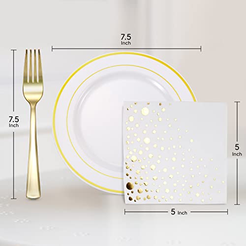 Gold Dessert Plates Set, 100 Wedding Plates, Forks and Napkins, 7.5 Inch | Sturdy plastic, cake service, appetizer tables, salad course, weddings, birthdays, easy cleanup - color: Gold, style: Plates,Forks and Napkins