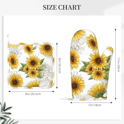Yellow Sunflower Oven Mitts Pot Holders Set Silicone Heat Resistant Sunflowers Oven Mitts and Hot Pads Yellow Flowers Potholders Non-Slip Oven Gloves for Cooking Baking Grilling BBQ - color: Yellow