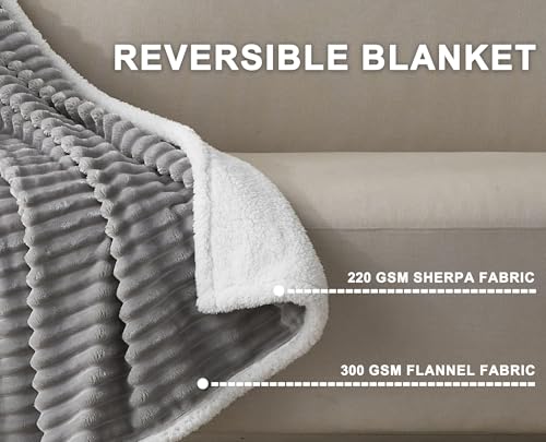 520GSM Sherpa Fleece Throw Blanket, Heavyweight Double Layer Striped Plush Blanket for Couch Sofa Bed, Soft Warm Reversible Fuzzy Flannel Throw, Oeko-TEX Certified, 50x60 Inches, Grey