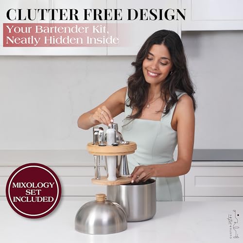 Gusto Nostro Cocktail Set Bartender Kit with Stainless Steel Ice Bucket - Complete Mixology Bar Tool Set with Wooden Organizer, Cocktail Shaker, Jigger, Muddler, Spoon, Tongs, Pourers, Recipe Cards - color: Silver (3.6 qt + Barware)