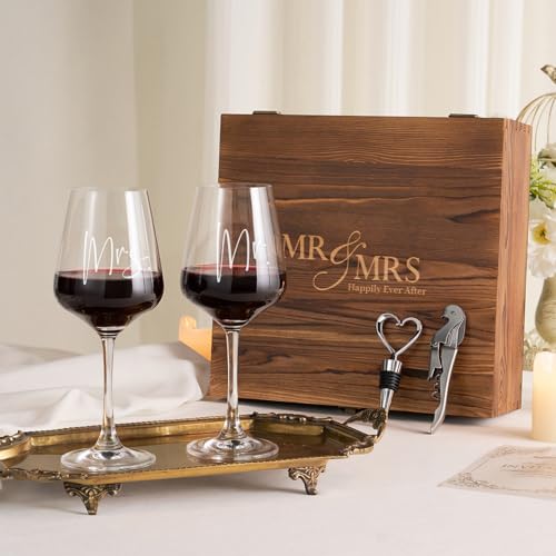AW BRIDAL Mr and Mrs Wine Glasses, Bridal Shower Wedding Gifts for Couples | Engagement Gift for Newlyweds 2026, Bachelorette Gifts for Bride to Be, Wedding Glass with Opener Stopper Wooden Keepsake Box - style: Mr & Mrs