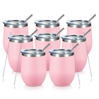 COMOOO Stainless Steel Wine Tumbler Glass Bulk with Lid and Straw 12oz Double Wall Vacuum Insulated Travel Tumbler Cup Stemless for Hot and Cold Drinks, Coffee, Wine, Cocktails, Pink, 8 Pack - color: Light Pink