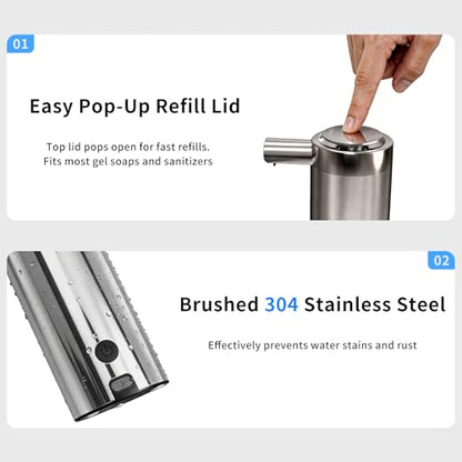 Touchless Automatic Soap Dispenser,11.84 oz Rechargeable Automatic Soap Dispenser, 3-Level Adjustable Liquid soap Dispenser, Suitable for bathrooms and Kitchens (Stainless)