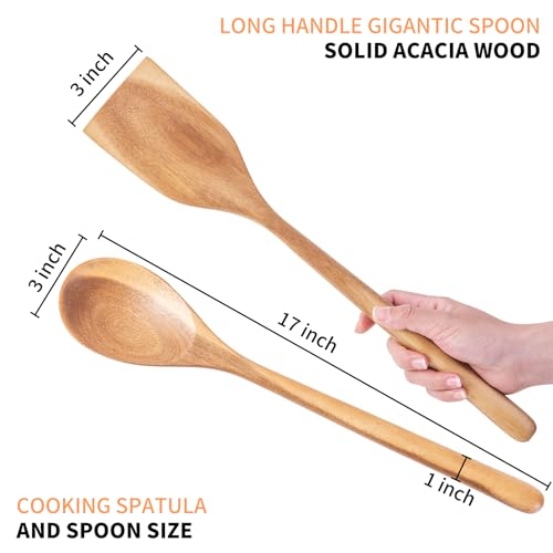 2PCS Long Handle Gigantic Spatula Spoon Premium Acacia Wooden Spoons For Cooking 17''Large Soliod Wooden Cooking Spoons Smooth Finish in Large Style Cooking Kitchen Utensil Set