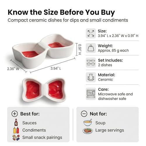 Ceramic Sauce Dishes, 2-Compartment, 2-Pack, Red | Butterfly bowls keep dips in separate wells; 3 oz capacity suits sushi, snacks, appetizers, condiments, and individual sides. - color: Red
