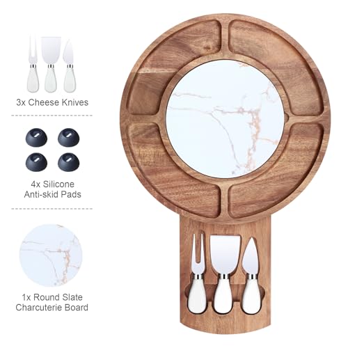13.5" Round Acacia Wood Cheese & Charcuterie Board Set with Slate Chiller, Hidden Drawer & 420 Stainless Steel Knives/Forks - Ideal Wedding, Housewarming, Birthday Gifts - size: Round 13.5" with Slate Chiller