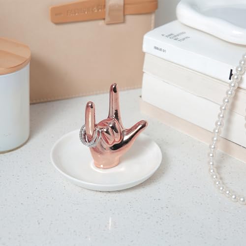 Lynagert I LOVE YOU Hand Ring Holder - Ceramic Jewelry Holder Dish Trinket Tray for Rings, Earrings, Necklace Organizer, Engagement & Wedding Ring Holder, Christmas & Birthday Gifts (Rose Gold) - color: Rose Gold