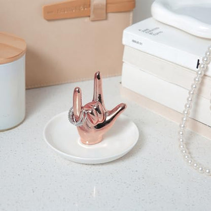 Lynagert I LOVE YOU Hand Ring Holder - Ceramic Jewelry Holder Dish Trinket Tray for Rings, Earrings, Necklace Organizer, Engagement & Wedding Ring Holder, Christmas & Birthday Gifts (Rose Gold) - color: Rose Gold