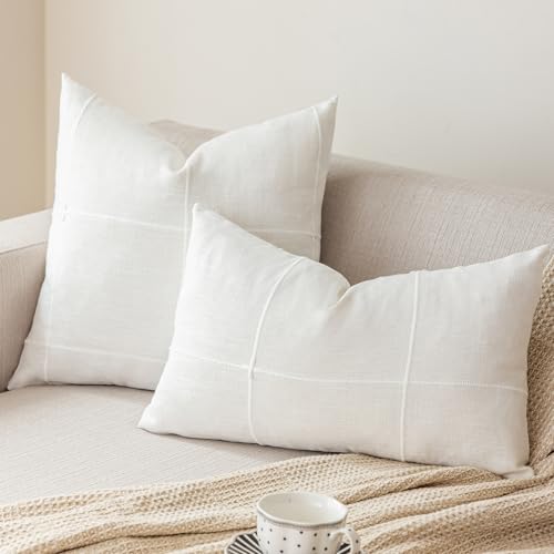vctops Rustic Lattice Cotton Linen Decorative Throw Pillow Cover Embroidery Lumbar Cushion Cover Pillowcase for Sofa Bedroom Couch (Plaid White, 12"x20") - color: Plaid White, size: 12" x 20" (Pack of 1)