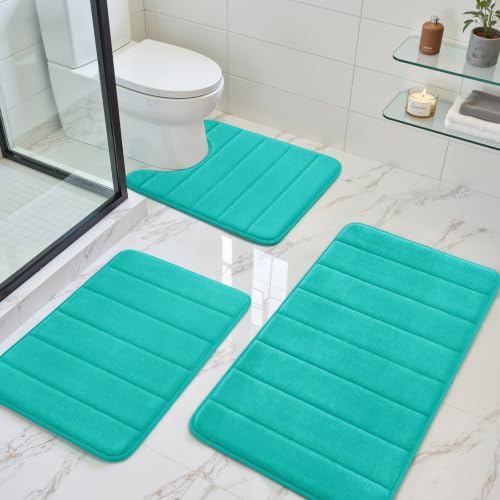 BYSURE Light Teal Memory Foam Bathroom Rug Set 3 Piece | Non Slip Extra Soft Absorbent Machine Washable Toilet Bath Toilet Mat 17"x24"+20"x32"+U Shape 20"x24" - color: Light Teal, size: 17"x24"+20"x32"+U Shape 20"x24"