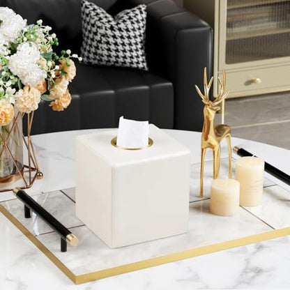 Square Tissue Box Cover with Magnetic Closure, Beige | Luxury PU Leather Tissue Holder with Gold Tone Metal Opening, Fits All Standard Cube Tissue Boxes - color: Beige