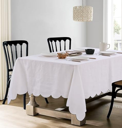 100% Pure Linen Scalloped Embroidery Rectangle Tablecloths 84Lx60W Inch for Dinners, Parties, Spring, Easter, Machine Washable, 6-8 Sets, 60''x84'', White(Edges-Gold) - color: White(edges-gold), size: 84" x 60" (Rectangular)