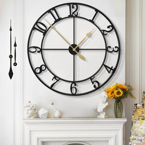 Large Wall Clock For Living Room Decor - 80cm/ 32 Inches Nearly Silent Non-Ticking Metal Wall Clocks Battery Operated, Vintage Decorative Modern Wall Clock For Bedroom, Office, Farmhouse Decor - color: Black - Arabic Numerals, size: 80CM