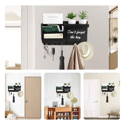 Key Holder for Wall Decorative, Wooden Mail Holder Wall Mount Organizer, Key and Mail Rack Key Hooks with Chalkboard and 2pcs White Pens for Home Entryway Hallway Doorway(Black)
