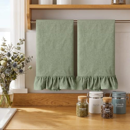 HunnmingRe Sage Green Kitchen Towels Set of 2, 100% Cotton Retro Ruffled Dish Towels 18"x28" Absorbent Tea Cloths for Farmhouse Charm, Drying Dishes, Entertaining Guests - color: Sage Green, style: Retro