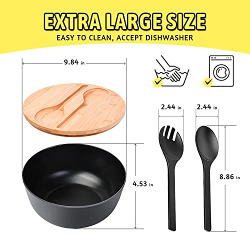 ECOWAY Bamboo Fiber Salad Bowl with Lid & Servers, 4Qt, Melamine Salad Serving Bowls Set with Bamboo Lid, Salad Mixing Bowl with Spoon Fork for Fruits Vegetables and Pasta (Black, 9.8inch) - color: Black with lid