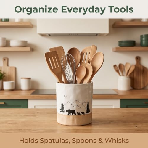 Ceramic Utensil Holder Nature Bear Design for Countertop utensil Crock | Ceramic utensil holder with a mountain and bear design keeps cooking tools organized while enhancing rustic kitchen décor.