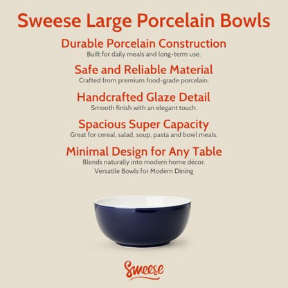 Sweese 24 oz Ceramic Cereal Bowl Set of 4, 6" Breakfast Bowl Stackable, Round Serving Bowl for Rice, Snack, Fruit and Everyday Meals, Navy Blue - color: Navy, size: 24 Ounce (Set of 4)