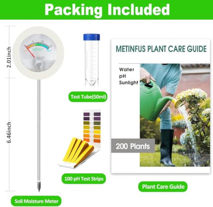 Soil Hygrometer Meter for Plants, Gardening Tool - Included 200+ Plants Care Guide, 80 pH Test Strips & Sample Tube, Soil Moisture Sensor for Indoor & Outdoor Use, No Battery Needed