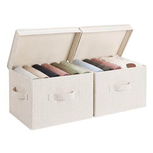 StorageWorks Fabric Storage Bins with Lids, Closet Storage Bins | Flip-Top Lid, 3 Handles, Collapsible, Stackable, for Clothes Blankets, Multi-Purpose, Medium, Khaki and Beige Stripes, 2-Pack - color: Khaki and Beige Stripes, size: Medium