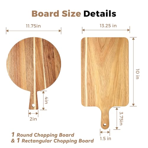 2 Pcs Acacia Wood Cutting Board Set with Handle, Round & Rectangular Wooden Cutting Boards, Charcuterie Board, Chopping Board Set with Hanging Design, Serving Tray for Cheese Meat Pizza