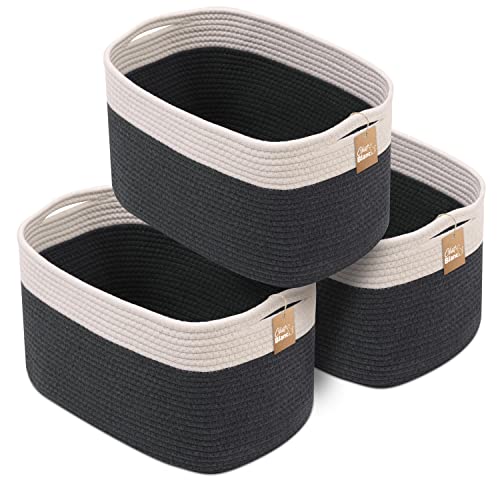 CHAT BLANC Cotton Rope Baskets for Organizing, Shelves, Toys, Storage, Shoe, Bathroom, Laundry, Towel, Nursery, Home Decor, Blanket, Cloth Woven Bins Fabric (Creamy White & Graphite, 15"x10"x9") - color: Creamy White & Graphite