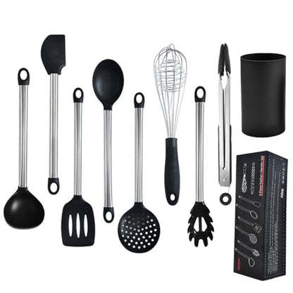 9-Piece Silicone Cooking Utensils Set with Holder, Heat Resistant Kitchen Utensils Set of Slotted Spatula, Spoons, Whisk, Tong, Non Toxic Black Kitchen Tool Set for Nonstick Cookware, Black