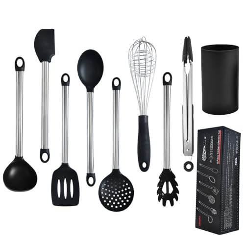 9-Piece Silicone Cooking Utensils Set with Holder, Heat Resistant Kitchen Utensils Set of Slotted Spatula, Spoons, Whisk, Tong, Non Toxic Black Kitchen Tool Set for Nonstick Cookware, Black