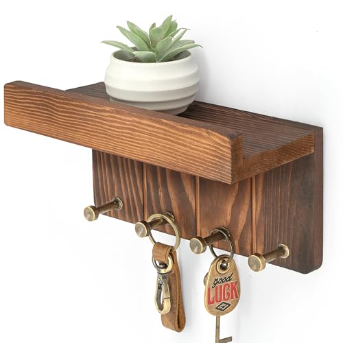 Rebee Vision Key Holder Wall Mount with 4 Hooks for Home Decor, Retro Brown | Pine Wood, Key Holder for Wall, Mail Sorter, Floating Shelf, Plant Display, Letter Holder, Home Storage Essentials - color: Retro Brown, size: Small - 8 inch