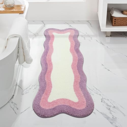 HAOCOO Bathroom Runner Rug, 18x47 inch, Microfiber Luxury Soft Non Slip Washable, Room Decor Aesthetic Long Rug for Indoor Doormat Tub Bedside Decor - color: Light Purple/Pink, size: 3'11" x 1'6" (Irregular)