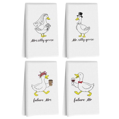 4Pcs Funny Goose Mr and Mrs Kitchen Towels, Wedding Gifts for Newlyweds | Engagement Gifts for Couples Dish Tea Towels for Kitchen Decor, Wedding Gift Decorative Hand Towel for Bathroom, 14x24 Inch - color: Future Mr & Mrs Silly Goose Set