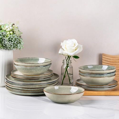 AmorArc Ceramic Dinnerware Sets for 4, 12Pcs Plates and Bowls Sets Dishes | Stoneware Handmade Reactive Glaze Dinner Set, Highly Scratch Resistant | Dishwasher & Microwave Safe Dishware - color: Reactive Glaze, size: Service for 4