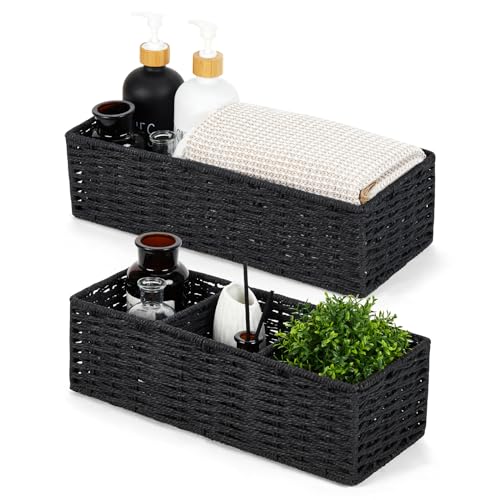 DULLEMELO Toilet Paper Basket for Organizing, Paper Rope Bathroom Baskets, Decorative Storage Bins for Countertop Bathroom Shelves, Set of 2,Black - color: Black