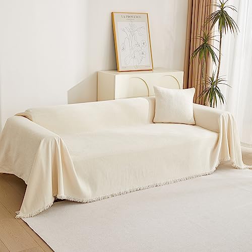 MYSKY HOME Beige Couch Covers Boho Style Chenille for 2 Cushion L-Shape Washable Couch Blanket with Tassel Pet Cushion Cover, 71" X102 - color: Tassels Edge-beige, size: 71" x 102"