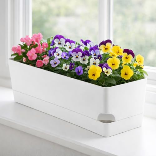 Party Zealot Window Boxes Planters, 3 Pack Self Watering Pots for Indoor Plants 17 Inch Rectangular Planter Rectangle Flower Pots Long Plant Pot Large Window Sill Herb Planter Box, White - color: White