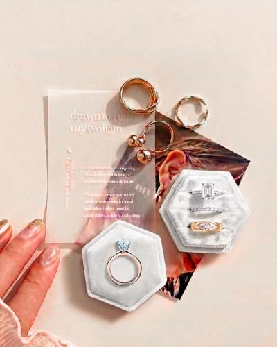 Velvet Jewelry Ring Box, 3 Slots Hexagon Engagement Wedding Ring Holder for Wedding Ceremony Proposal - color: White