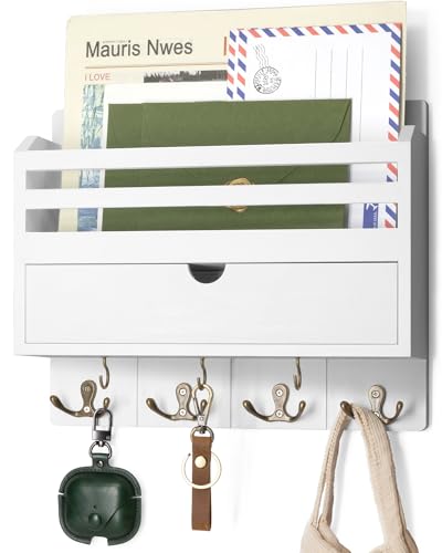 Rebee Vision Mail Organizer Wall Mount with Drawer for Living Room, White | Modern Key and Mail Holder for Wall, Drawer Organizer, 7 Key Hooks, Mail Sorter, Hallway, Office Essentials, Home Decor - color: White