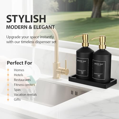 Black Glass Kitchen Hand and Dish Soap Dispenser Set, Bathroom Soap Dispenser Set with Tray and Stainless Steel Pump, Gold Kitchen Accessories (Black Bottle/Gold Pump) - color: Black Bottle + Gold Pump