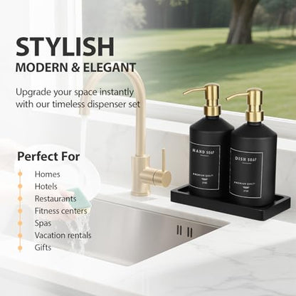 Black Glass Kitchen Hand and Dish Soap Dispenser Set, Bathroom Soap Dispenser Set with Tray and Stainless Steel Pump, Gold Kitchen Accessories (Black Bottle/Gold Pump) - color: Black Bottle + Gold Pump