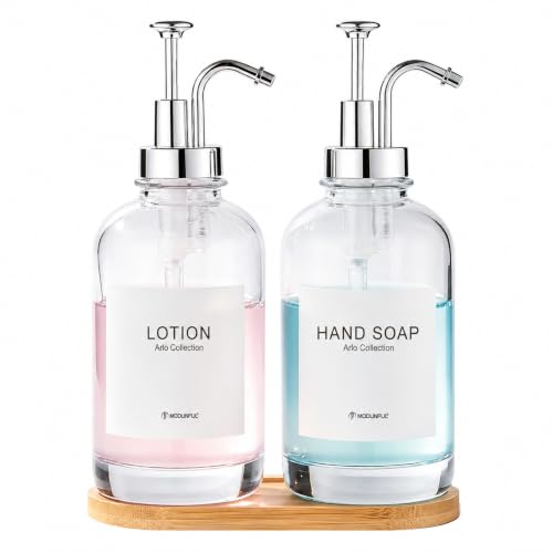 Modunful Glass Countertop Soap Dispenser Set 2 Pack 16.9oz M1 DM2632 White | Bamboo Tray, Silicone Funnel, Residue Free Labels, Silver Stainless Steel Pump for Kitchen Bathroom Decor - color: Dm2648-silver