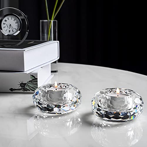 Kitcom Crystal Tealight Candle Holders Pack of 2, Hand-Cut Candle Holder Home Decor for Wedding Banquet Dinner 3.2" Diameter x 1.6" High, Clear - size: W3.2''×H1.6''