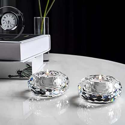 Kitcom Crystal Tealight Candle Holders Pack of 2, Hand-Cut Candle Holder Home Decor for Wedding Banquet Dinner 3.2" Diameter x 1.6" High, Clear - size: W3.2''×H1.6''