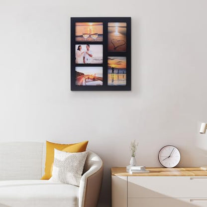 4x6 5-Opening Collage Picture Frame Black Wood | 5 openings, shatter-resistant glass, tabletop/wall mount, for 4x6 photos - size: 4x6 - 5 Opening