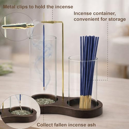 2-in-1 Incense Holder with Glass Ash Catcher & Stick Storage, Wooden Incense Burner for Relaxation, Stress Relief, Mess-Free Home Use, Self-Care, Meditation, Yoga, Bedroom & Living Room (Sapele) - color: Sapele
