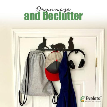 Evelots Over The Door 4 Hook Towel/Coat Rack Hanger Organizer, Kitty Cat Design-Easy No Tool Installation-Black Iron-Holds 20 lbs. - size: 1 Pack, style: 4 Hook Kitty Cat Design