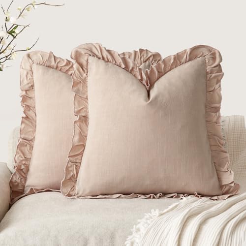 Foindtower Set of 2 Decorative Linen Fringe Ruffle Throw Pillow Covers Soft Boho Farmhouse Cushion Cover Cozy Accent Retro Pillowcase for Couch Sofa Bed Living Room Home Decor,18×18 Inch,Light Pink - color: Light Pink, size: 18" x 18" (Pack of 2)